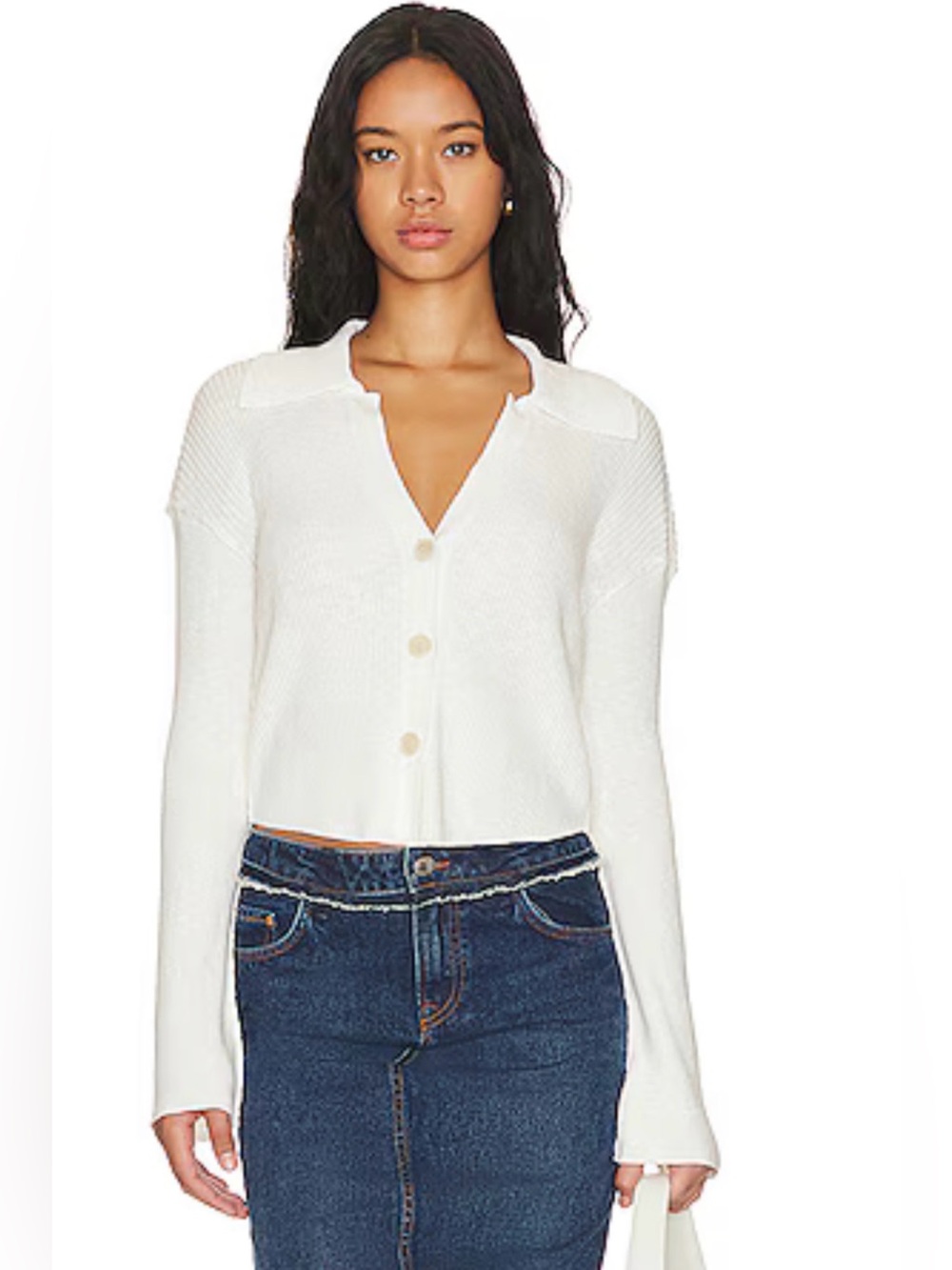 Free People Cream Ribbed Button-Front Collared Cardigan NWT